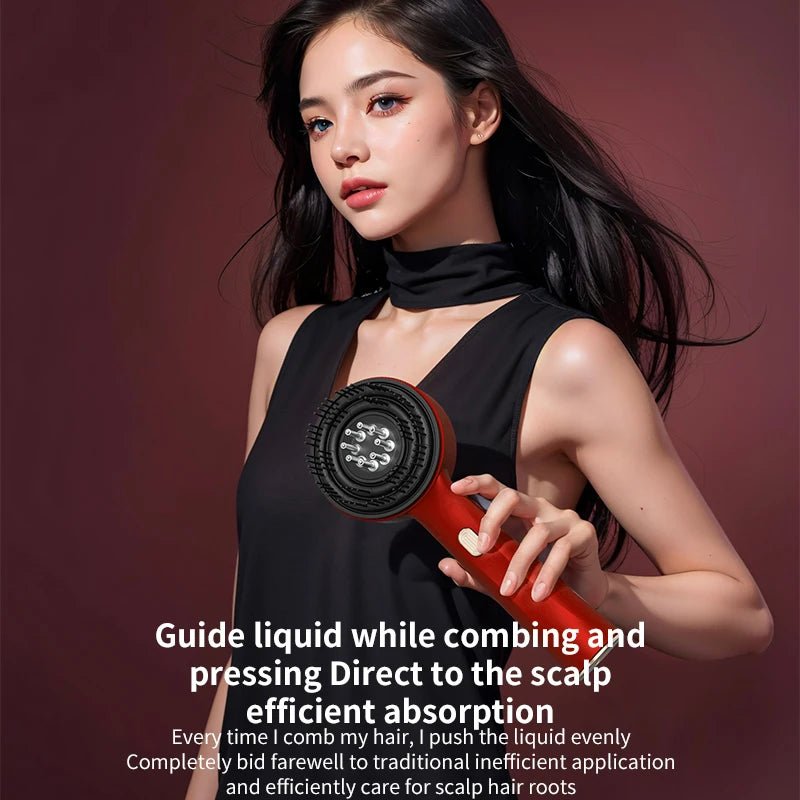 Woman holding a red and black hair care device against a dark background